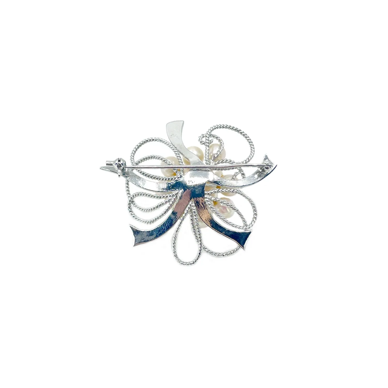 Atomic Age Engraved Burst Japanese Saltwater Akoya Vintage Cultured Pearl Brooch- Sterling Silver