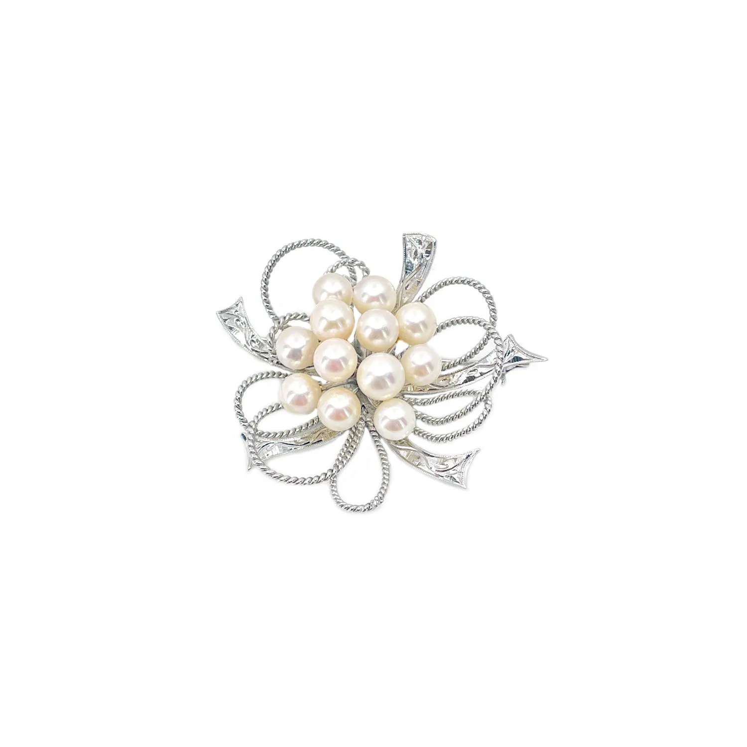 Atomic Age Engraved Burst Japanese Saltwater Akoya Vintage Cultured Pearl Brooch- Sterling Silver