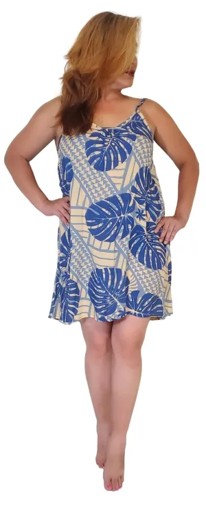 Bali Dress - Short - Lauhala Monstera - Classic Blue - Sunlight - Denim
