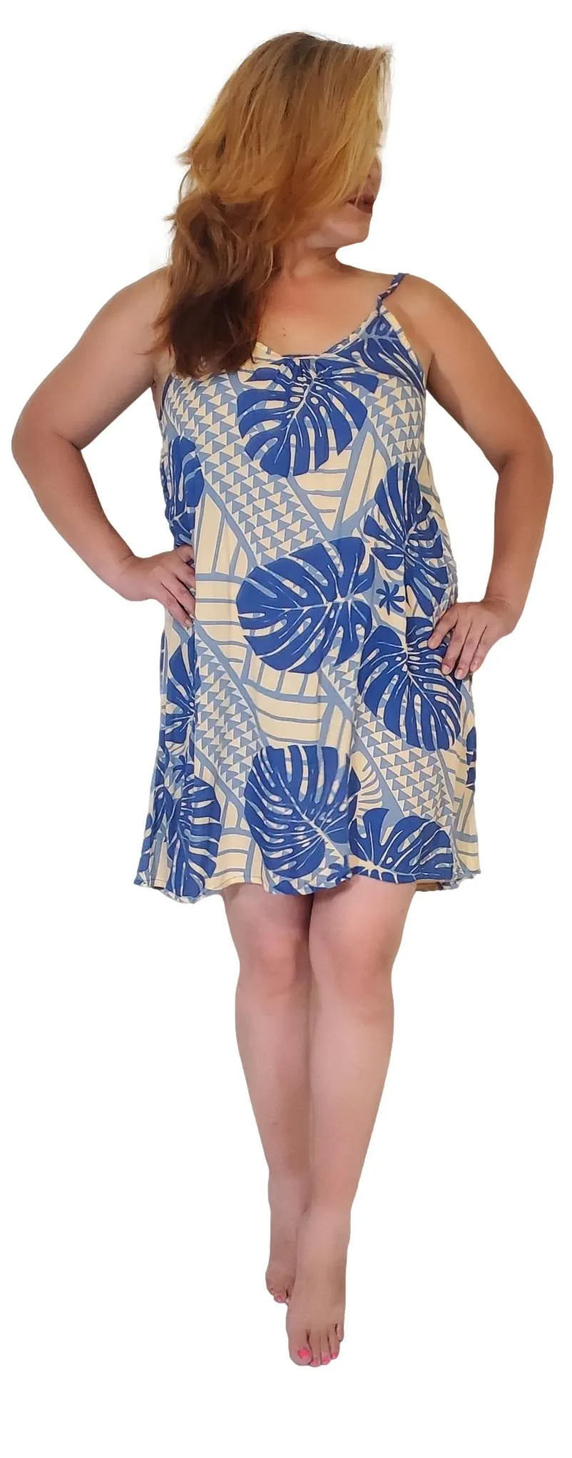 Bali Dress - Short - Lauhala Monstera - Classic Blue - Sunlight - Denim