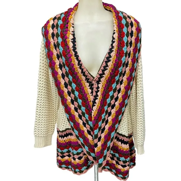 BAR III Open Crochet Cardigan Tan Multicolor Boho Retro Sz Medium Large …