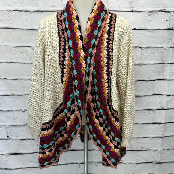 BAR III Open Crochet Cardigan Tan Multicolor Boho Retro Sz Medium Large …