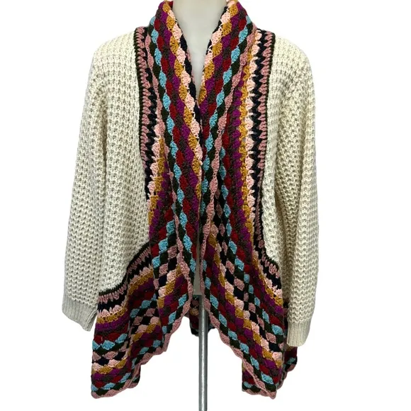 BAR III Open Crochet Cardigan Tan Multicolor Boho Retro Sz Medium Large …