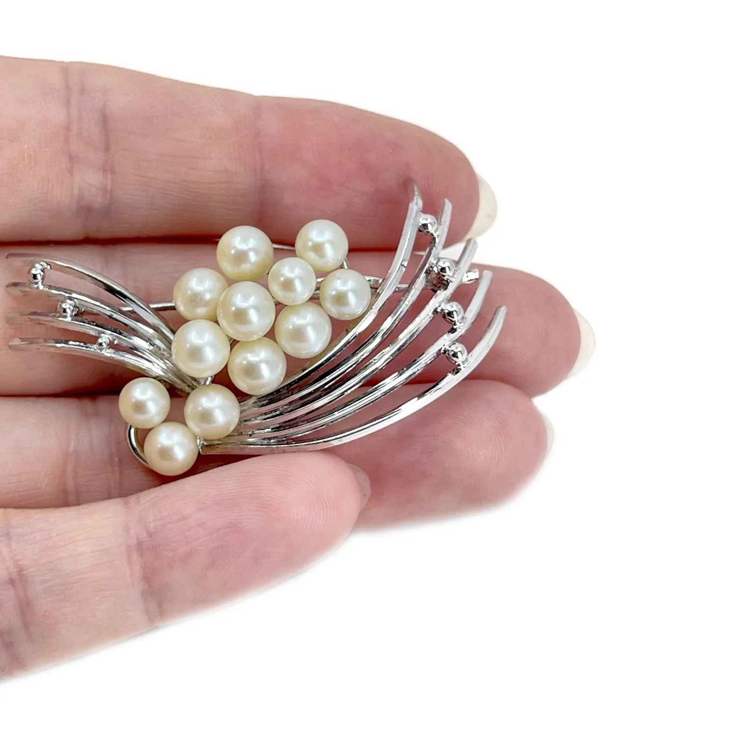 Beaded Mid Century Japanese Saltwater Akoya Vintage Cultured Pearl Brooch- Sterling Silver