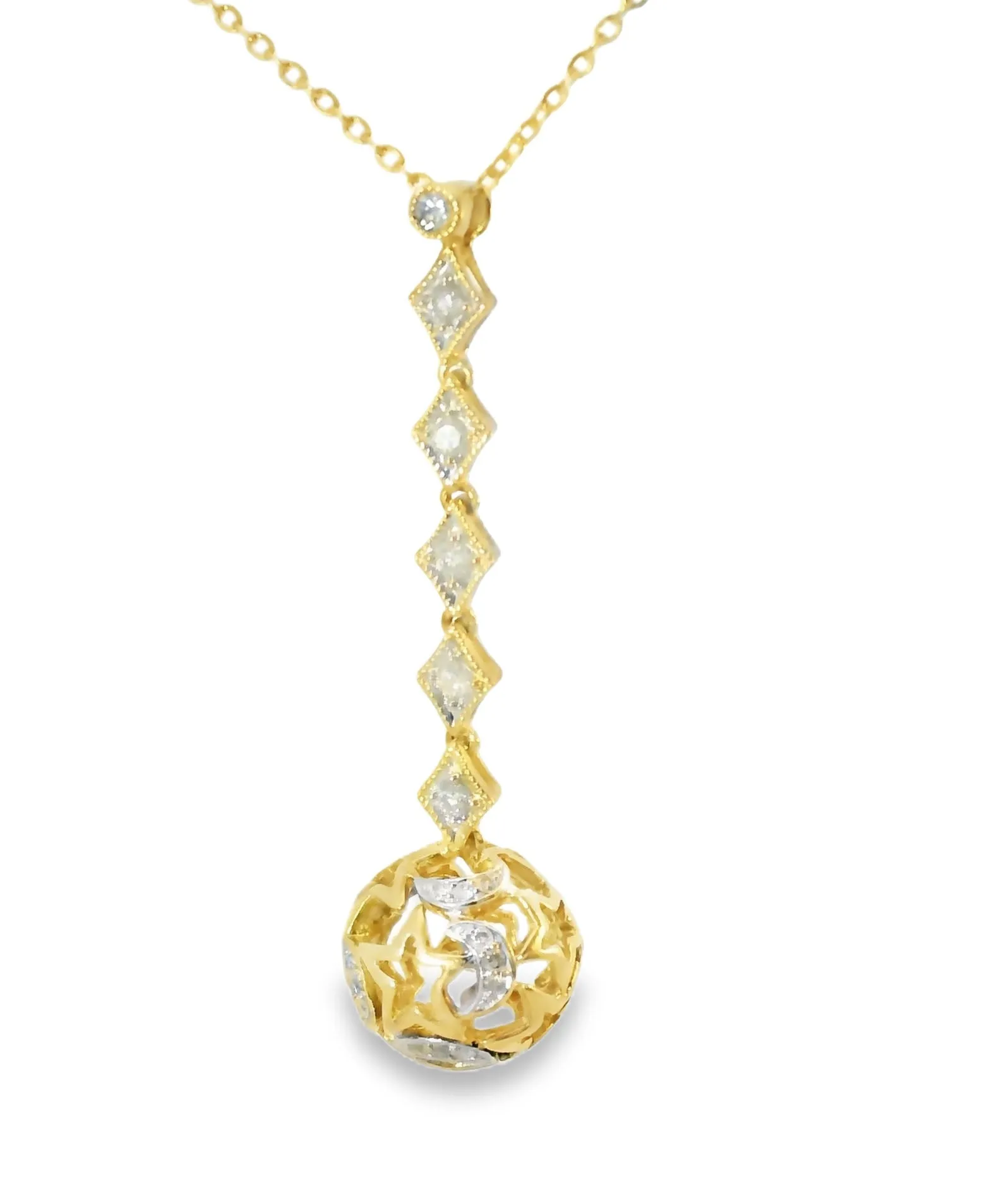 Beautiful 14K Yellow Gold Diamond Moon Stars Ball Sphere Pendant Necklace Slide