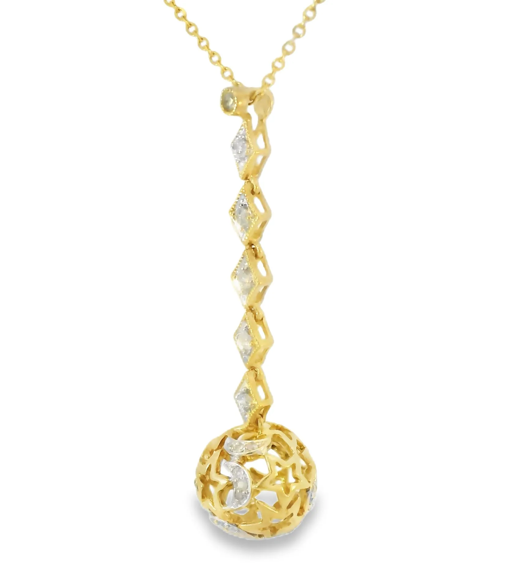 Beautiful 14K Yellow Gold Diamond Moon Stars Ball Sphere Pendant Necklace Slide