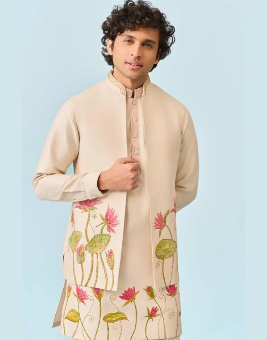 Beige Hand Painted Jacket Set for Men Unique Artistic Style & Sophisticated Fashion