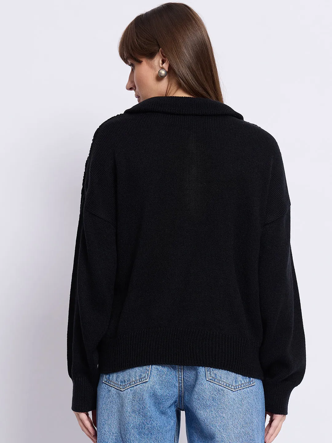 Black High Neck Half Puller Sweater