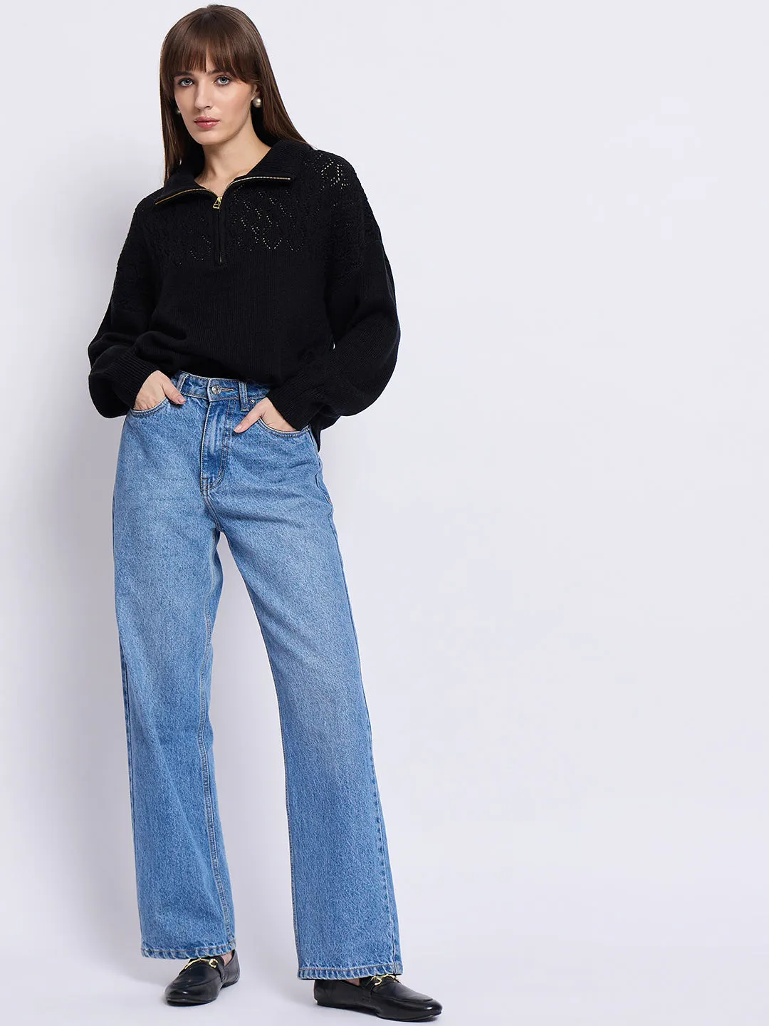 Black High Neck Half Puller Sweater