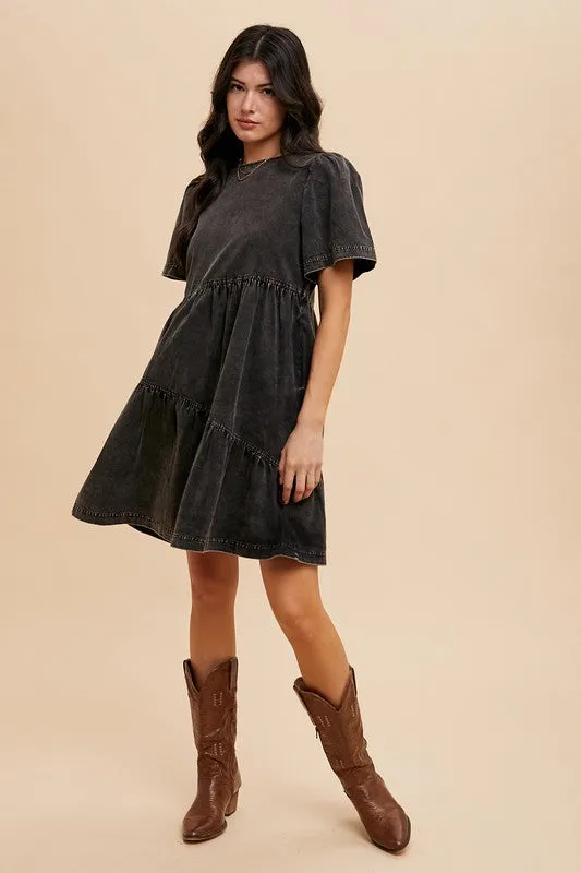 Black Mineral Washed Round Neck Short Sleeve Denim Dress