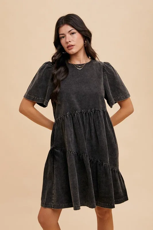 Black Mineral Washed Round Neck Short Sleeve Denim Dress
