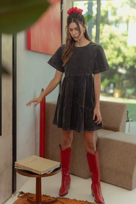 Black Mineral Washed Round Neck Short Sleeve Denim Dress