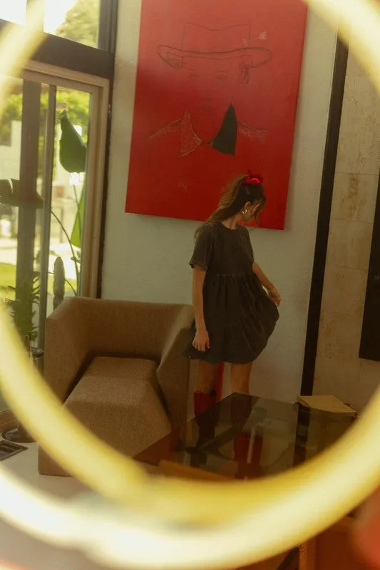 Black Mineral Washed Round Neck Short Sleeve Denim Dress