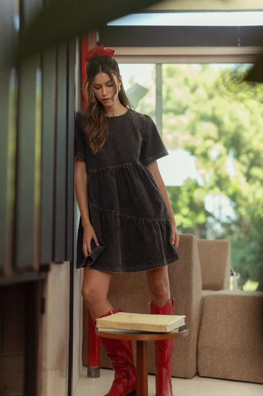 Black Mineral Washed Round Neck Short Sleeve Denim Dress