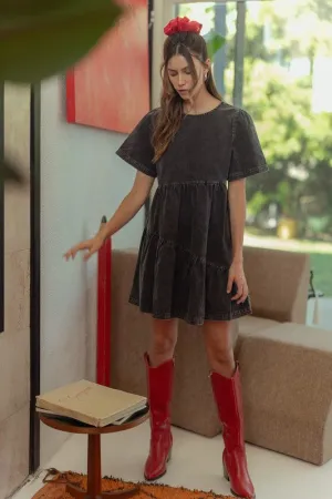 Black Mineral Washed Round Neck Short Sleeve Denim Dress