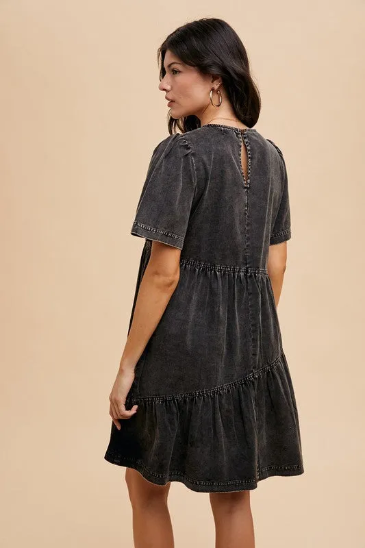 Black Mineral Washed Round Neck Short Sleeve Denim Dress