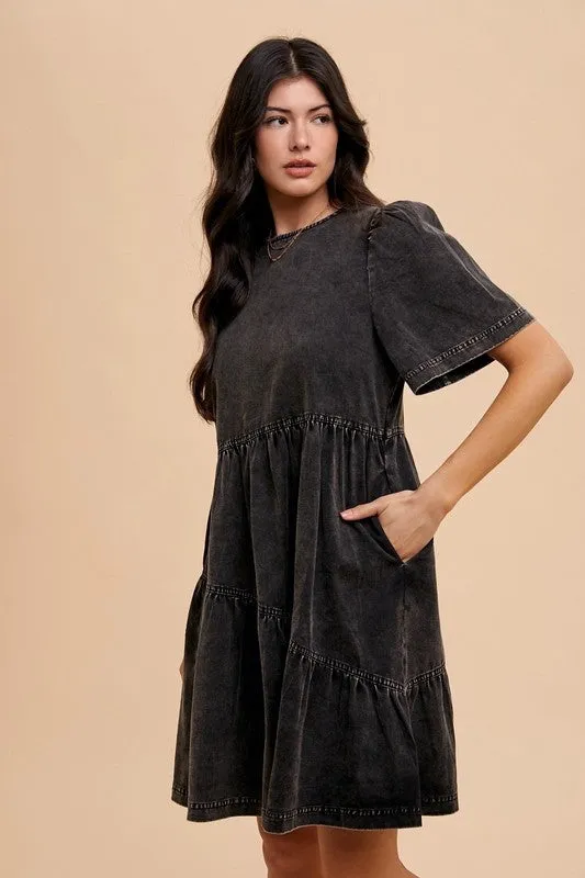 Black Mineral Washed Round Neck Short Sleeve Denim Dress