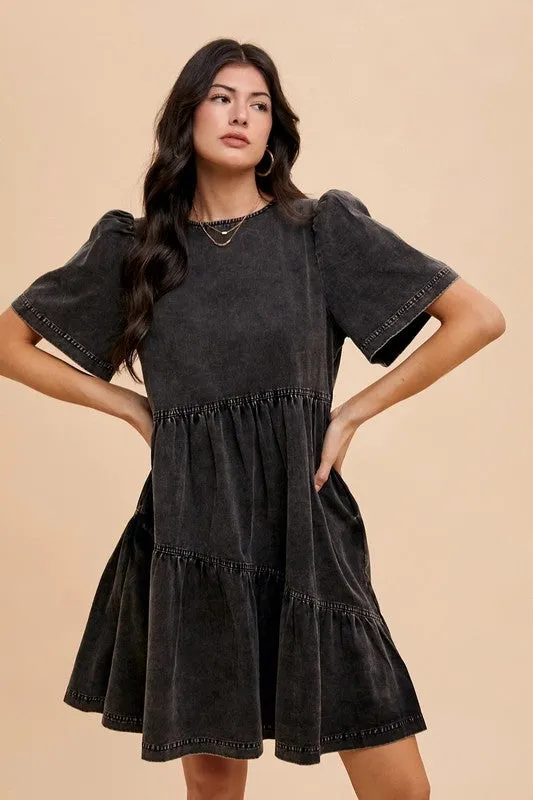 Black Mineral Washed Round Neck Short Sleeve Denim Dress