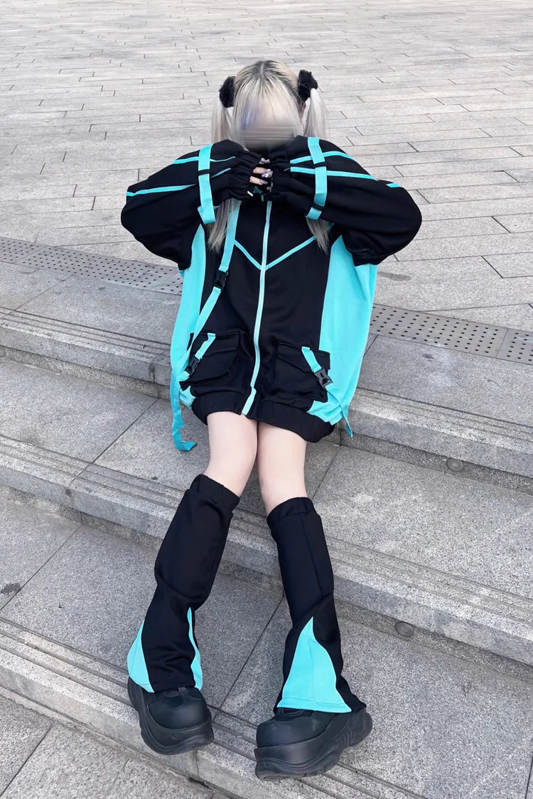 Black/Blue Chip Hacker Cyberpunk Functional Print Hooded Jirai Kei Japanese Sports Coat