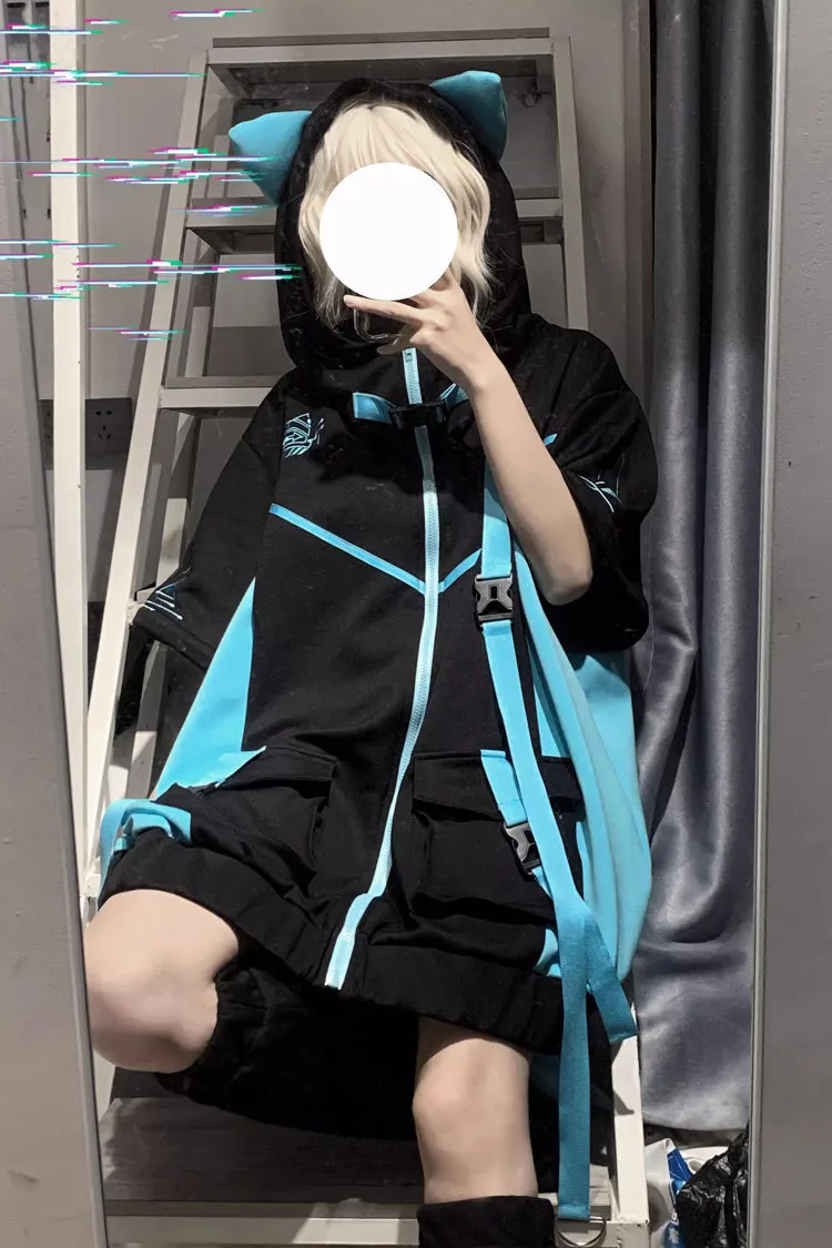Black/Blue Chip Hacker Cyberpunk Functional Print Hooded Jirai Kei Japanese Sports Coat