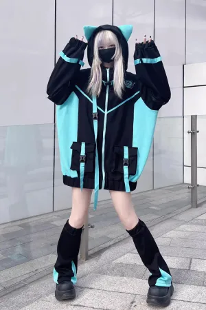 Black/Blue Chip Hacker Cyberpunk Functional Print Hooded Jirai Kei Japanese Sports Coat