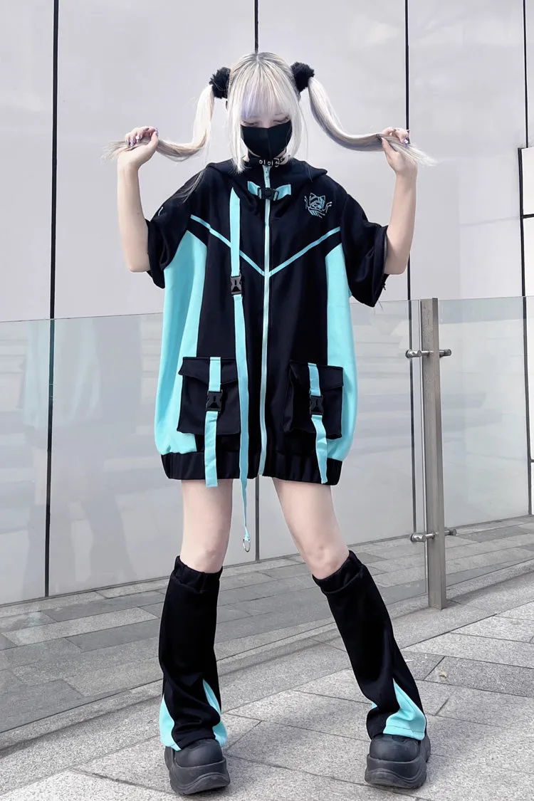 Black/Blue Chip Hacker Cyberpunk Functional Print Hooded Jirai Kei Japanese Sports Coat