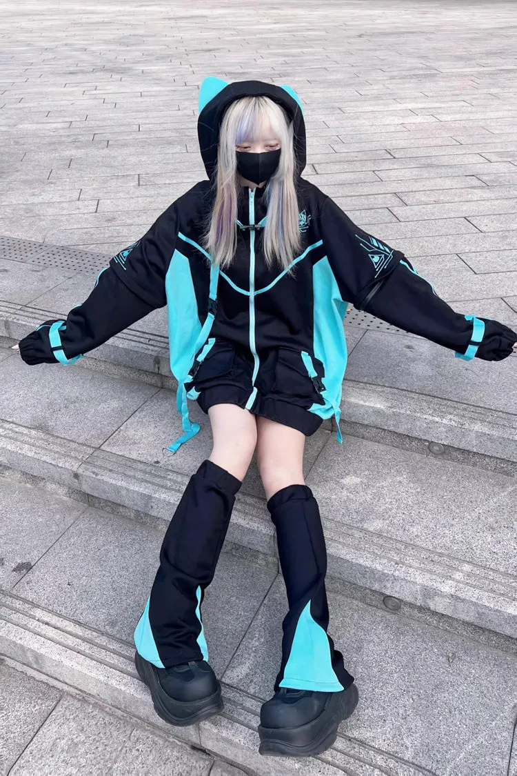 Black/Blue Chip Hacker Cyberpunk Functional Print Hooded Jirai Kei Japanese Sports Coat