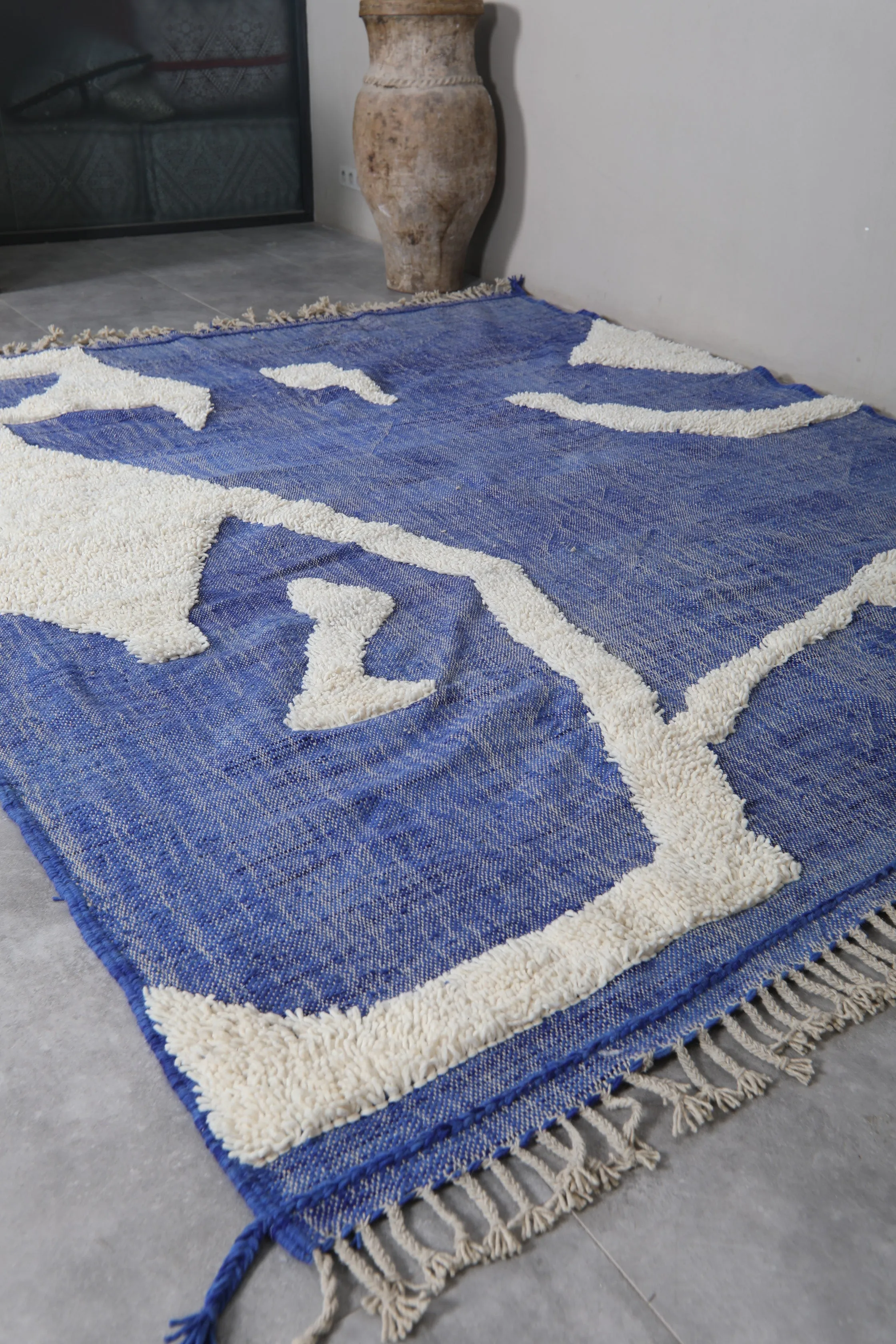 Blue and White Flat Woven Rug - Kilim rug - Custom rug