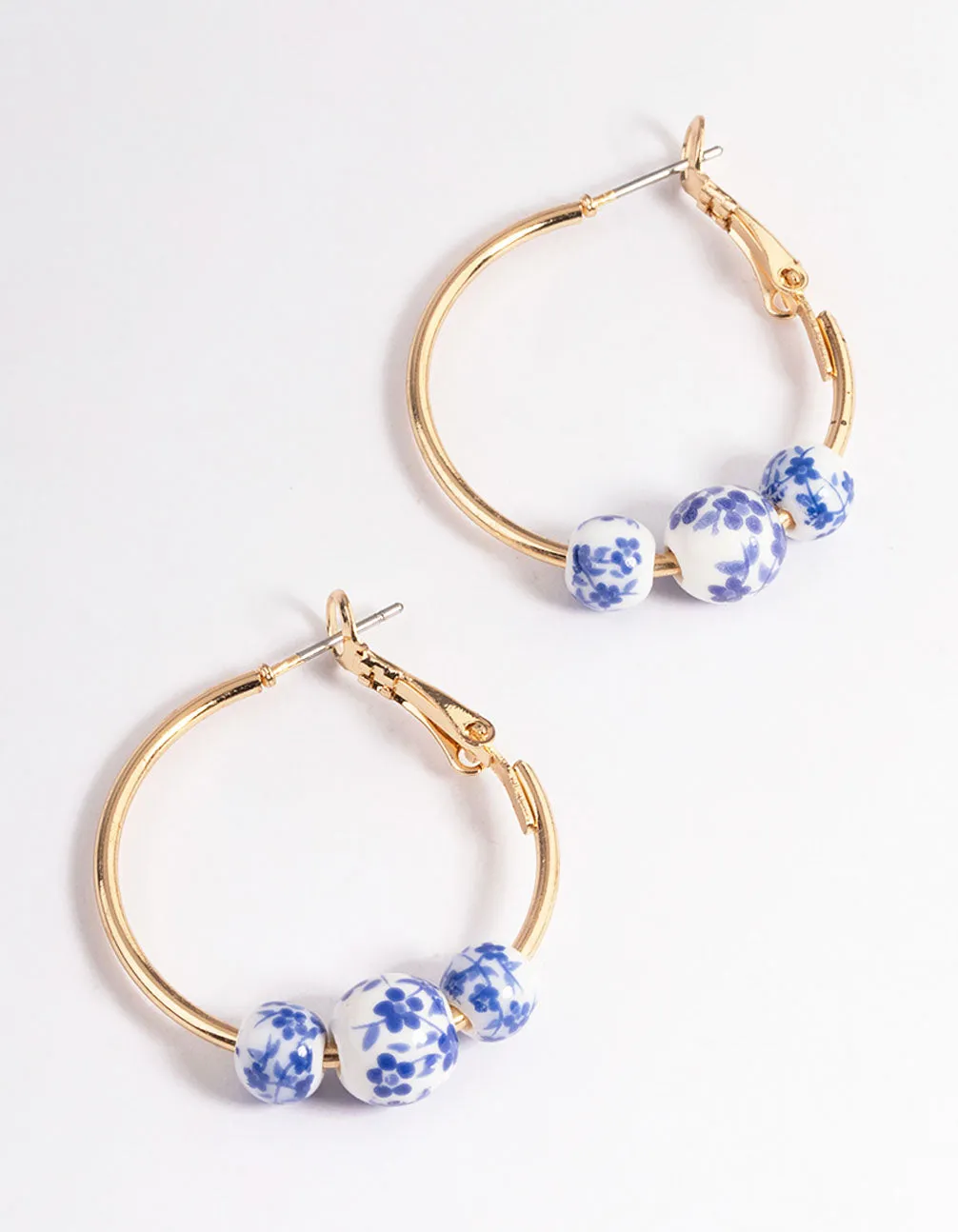 Blue Ceramic Bead Hoop Earrings