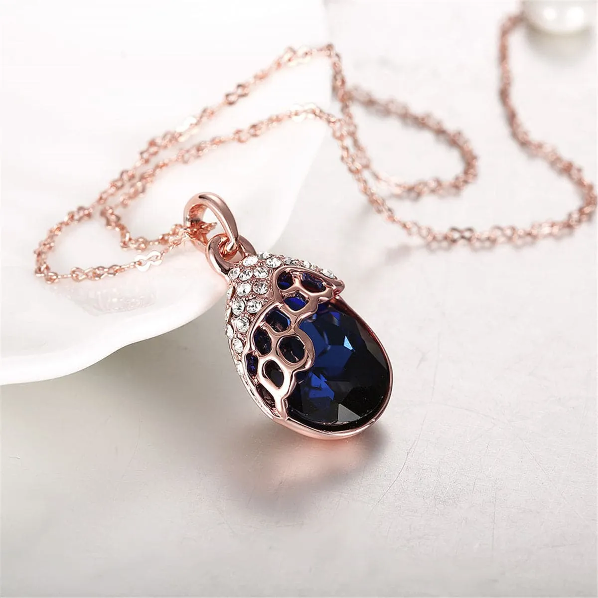 Blue Cubic Zirconia & 18K Rose Gold-Plated Teardrop Pendant Necklace