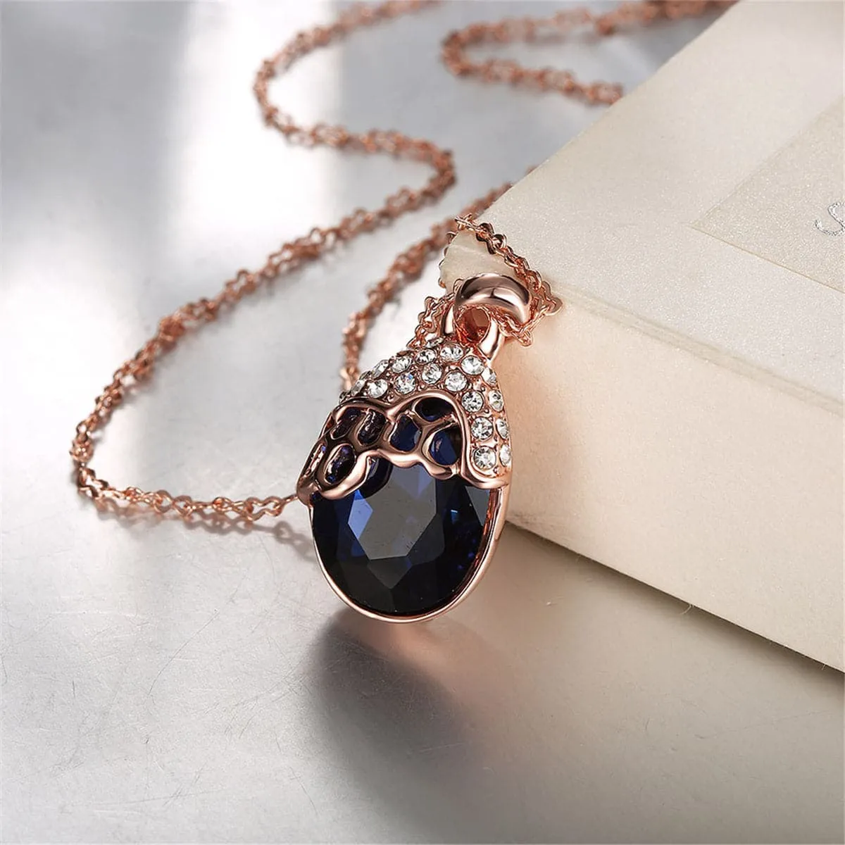 Blue Cubic Zirconia & 18K Rose Gold-Plated Teardrop Pendant Necklace