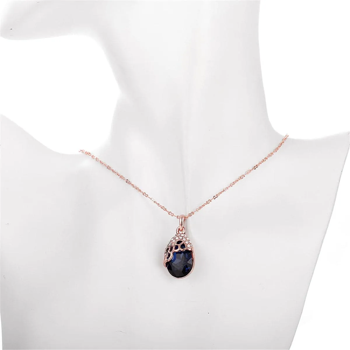 Blue Cubic Zirconia & 18K Rose Gold-Plated Teardrop Pendant Necklace