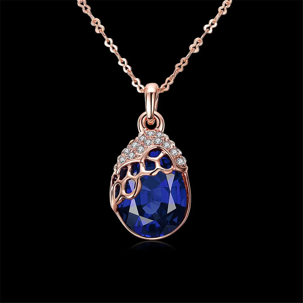 Blue Cubic Zirconia & 18K Rose Gold-Plated Teardrop Pendant Necklace