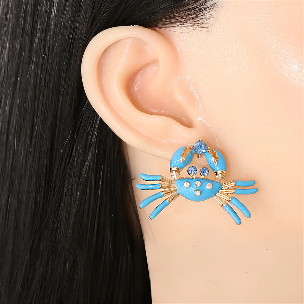 Blue Enamel & Cubic Zirconia 18K Gold-Plated Crab Stud Earrings