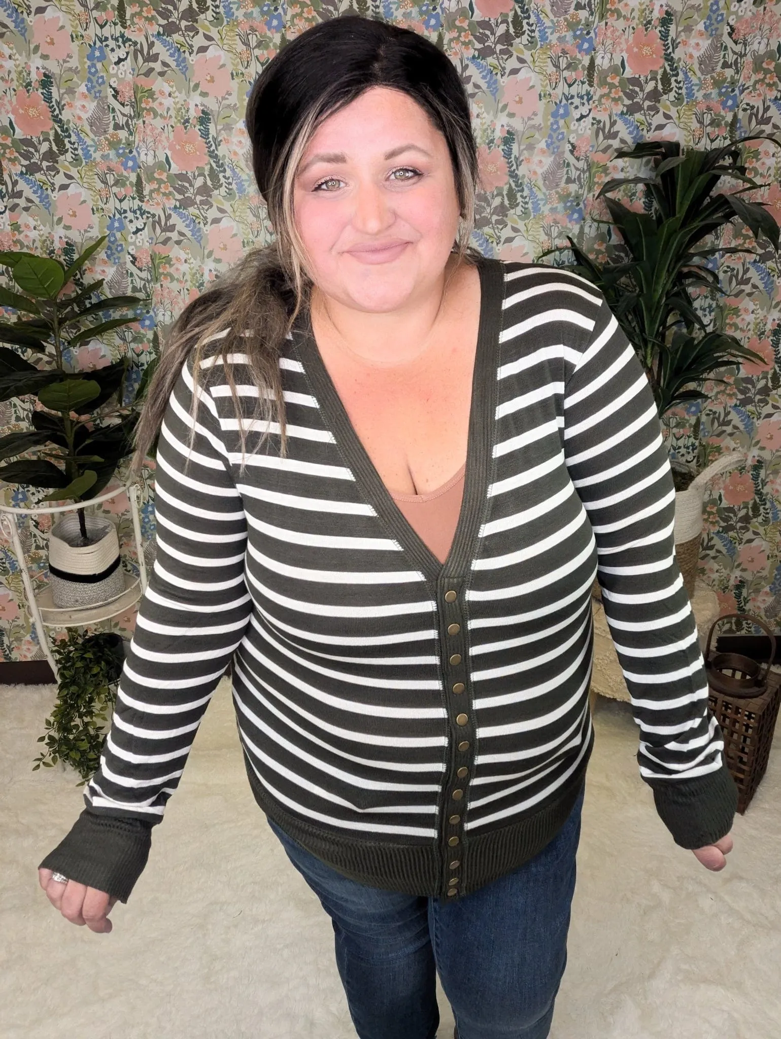 BobbiJo Striped Cardigan w/Snap Details