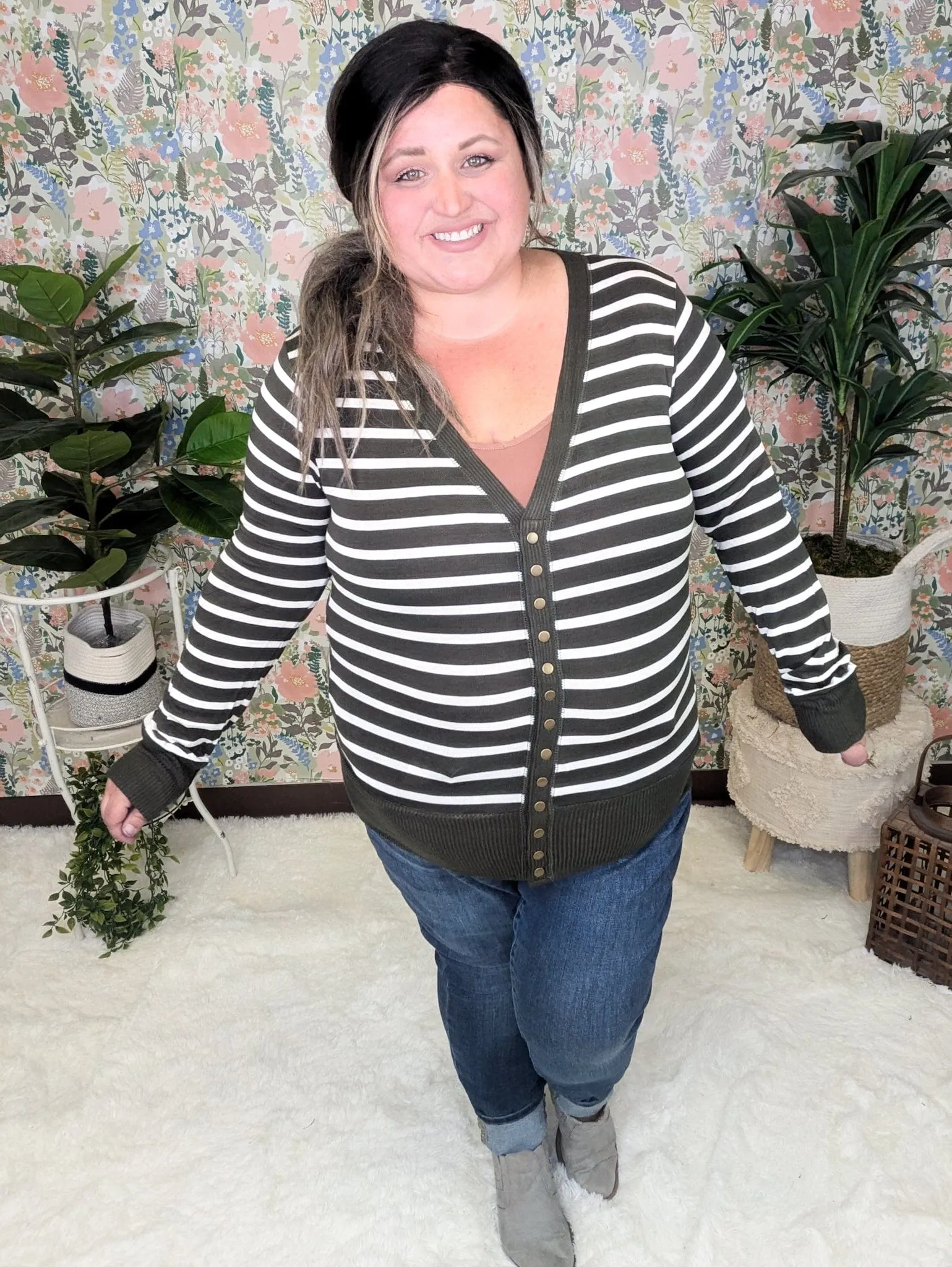 BobbiJo Striped Cardigan w/Snap Details