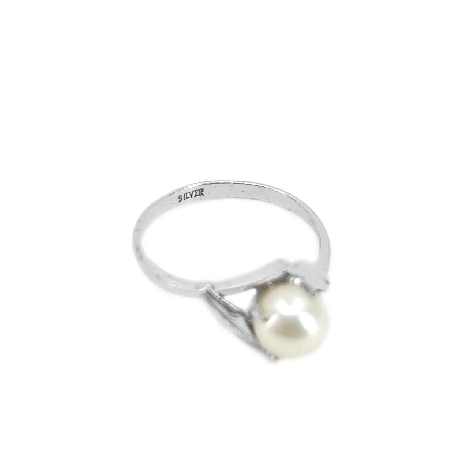 Botanical Leaf Japanese Saltwater Akoya Cultured Pearl Ring- Sterling Silver Sz 6 1/4