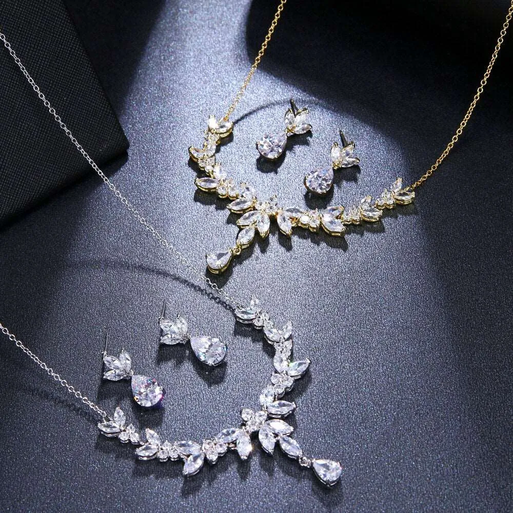 Bridal Diamond Gem Necklace and Earrings Set, Wedding Crystal Necklace Set, 14K Gold or Platinum