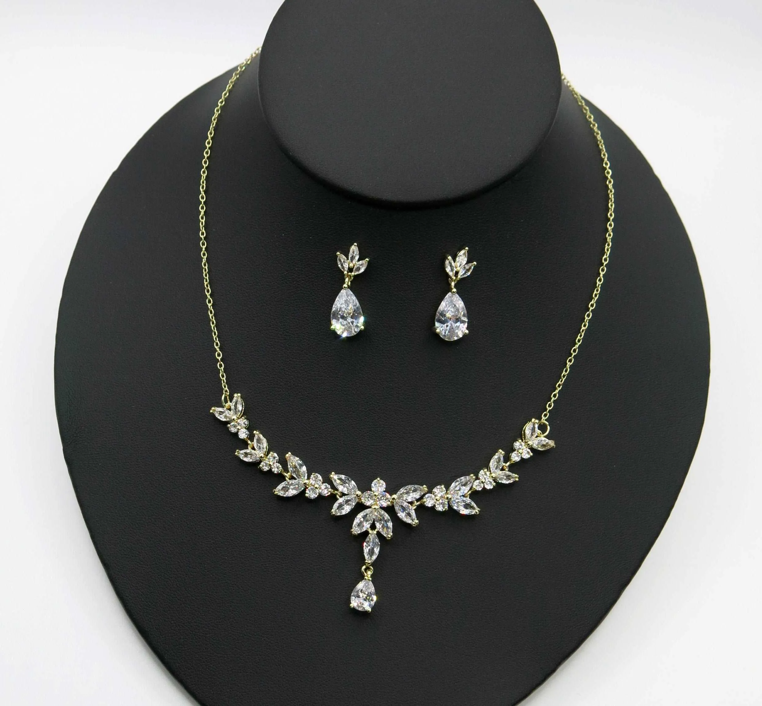 Bridal Diamond Gem Necklace and Earrings Set, Wedding Crystal Necklace Set, 14K Gold or Platinum