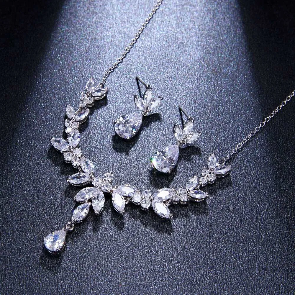 Bridal Diamond Gem Necklace and Earrings Set, Wedding Crystal Necklace Set, 14K Gold or Platinum