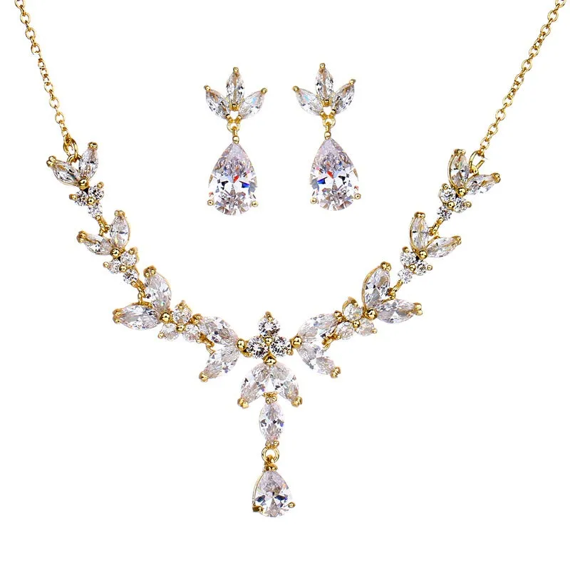 Bridal Diamond Gem Necklace and Earrings Set, Wedding Crystal Necklace Set, 14K Gold or Platinum