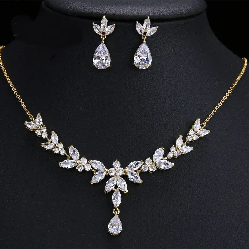 Bridal Diamond Gem Necklace and Earrings Set, Wedding Crystal Necklace Set, 14K Gold or Platinum
