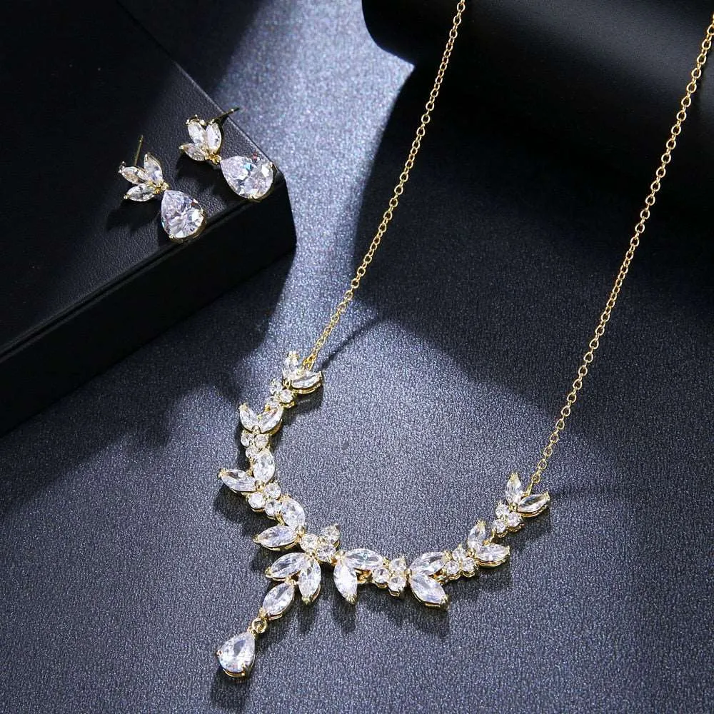 Bridal Diamond Gem Necklace and Earrings Set, Wedding Crystal Necklace Set, 14K Gold or Platinum