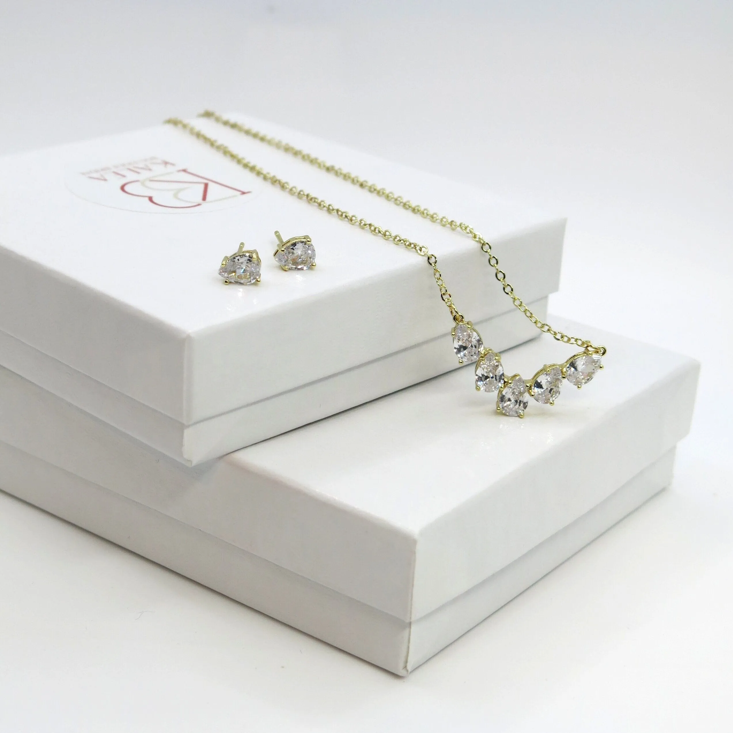 Bridal Minimalist Crystal 3 PC Jewelry Set, Necklace and Earrings Set, Bridesmaid Chain Necklace, Wedding 14K Gold Plated Jewelry