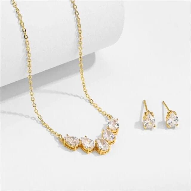 Bridal Minimalist Crystal 3 PC Jewelry Set, Necklace and Earrings Set, Bridesmaid Chain Necklace, Wedding 14K Gold Plated Jewelry