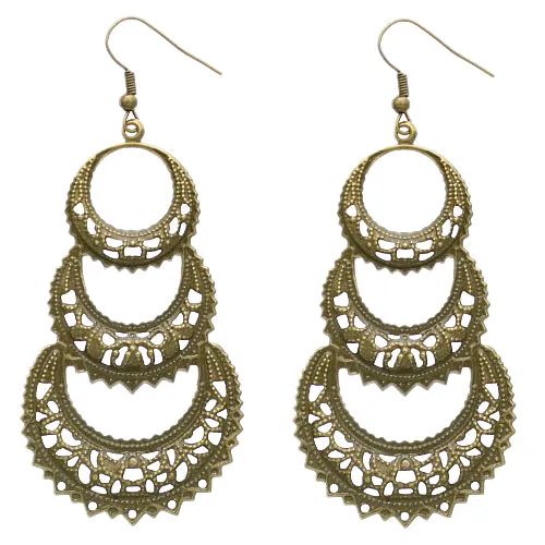 Bronze Crescent Moon Filigree Dangle Earrings