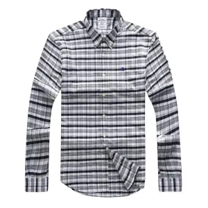 Brooks Men's  Plain 100% cotton collar Button down Grey Long sleeve Shirt