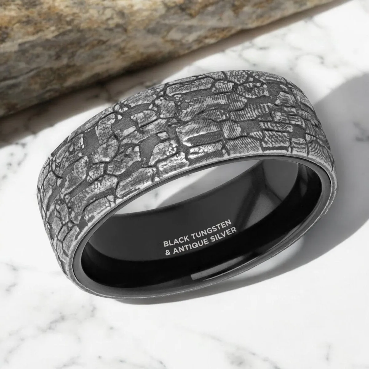 BROOKSTONE | Black Tungsten Ring, Sterling Silver Stonework Pattern