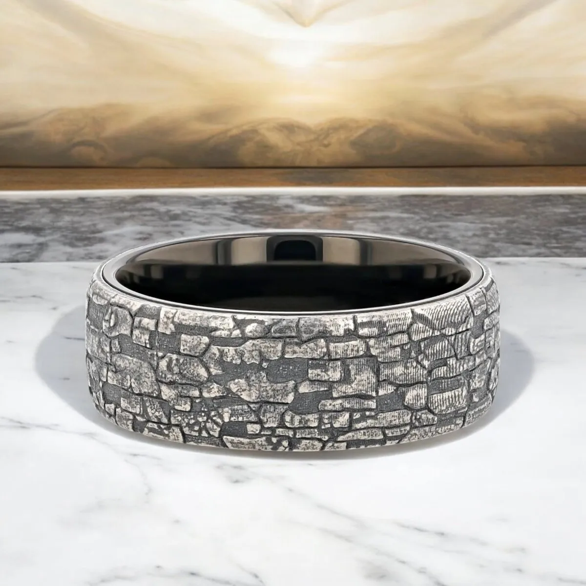 BROOKSTONE | Black Tungsten Ring, Sterling Silver Stonework Pattern