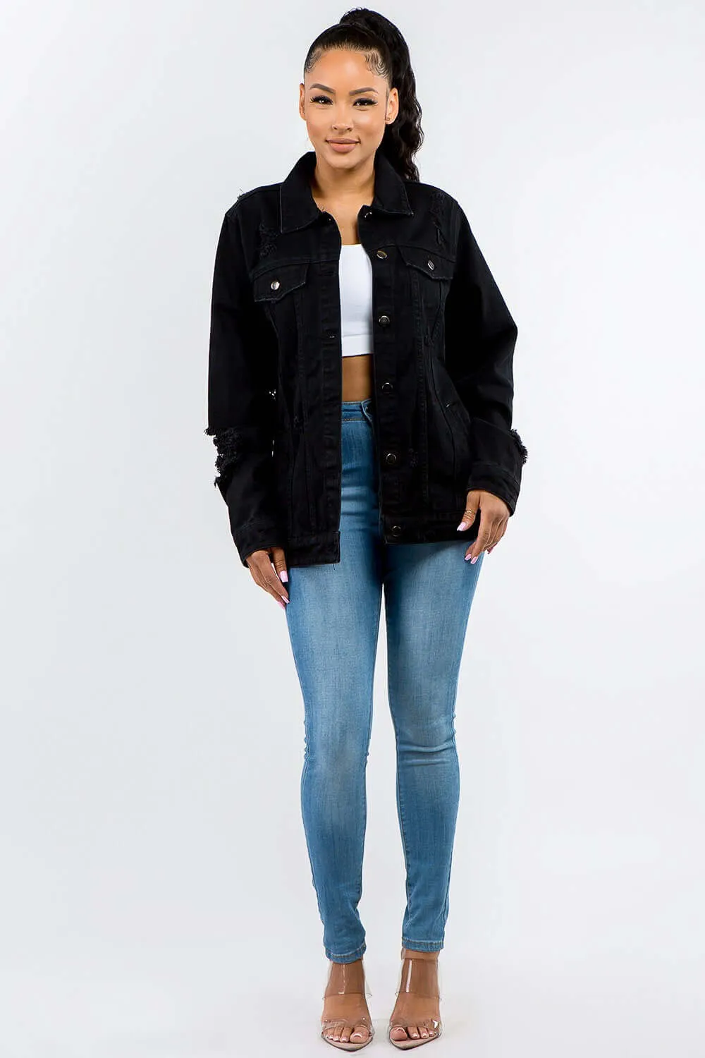 Button Up Distressed Denim Jacket – Trendy & Versatile